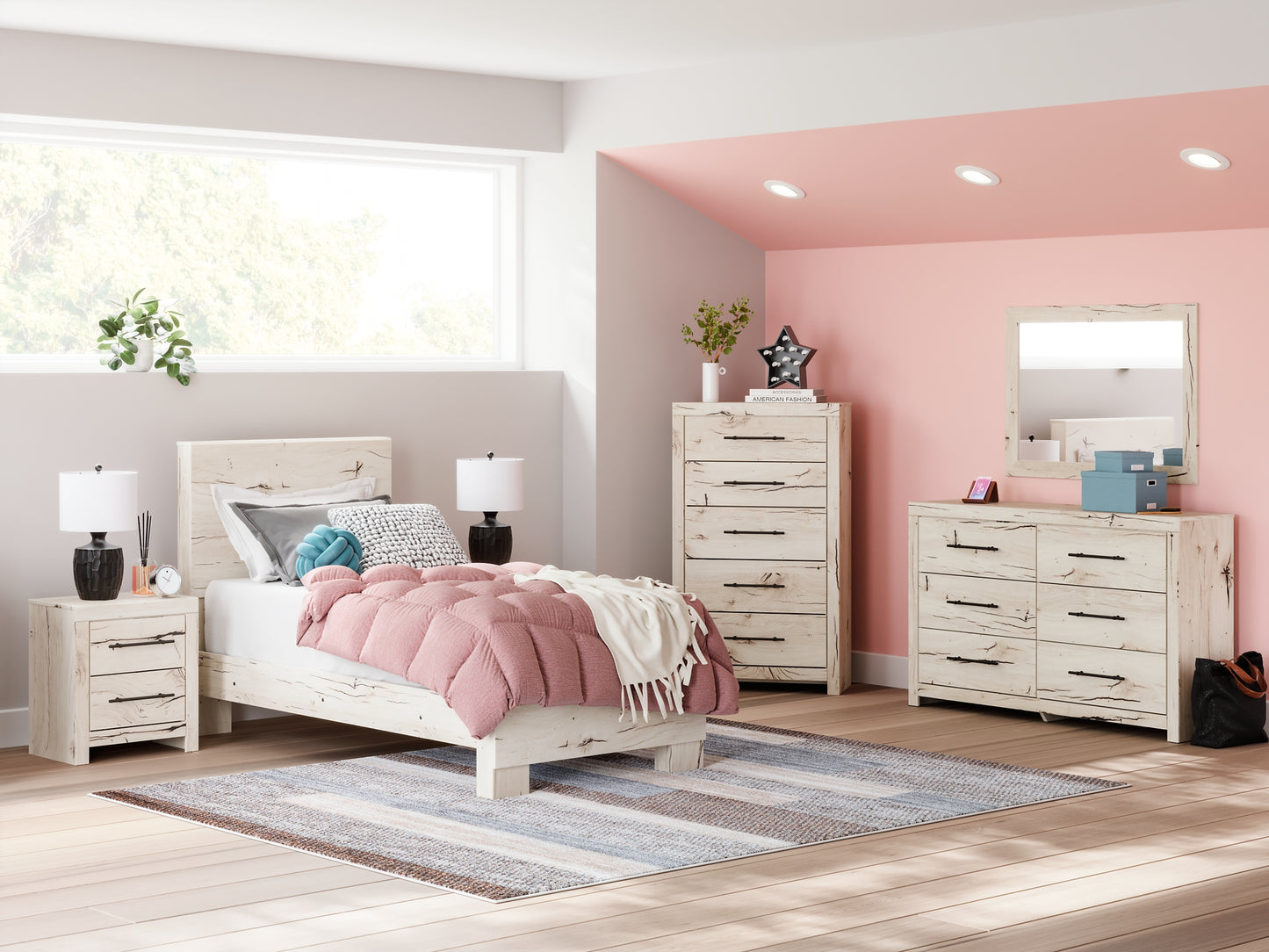 Twin Panel Bed with Mirrored Dresser
