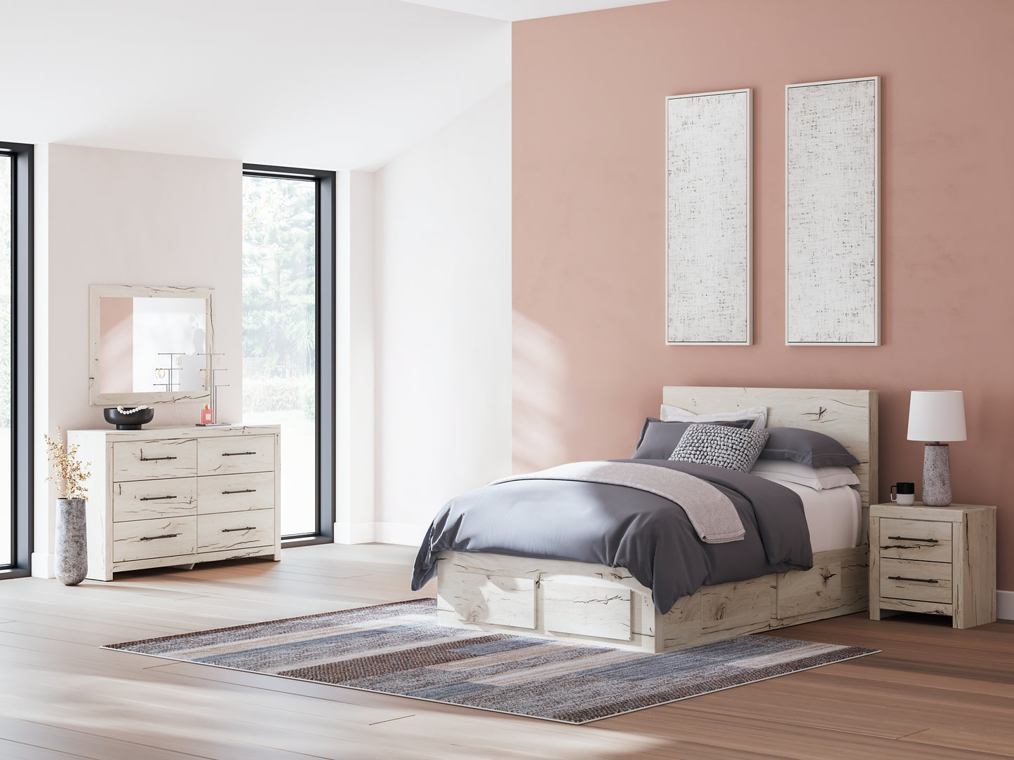 Full Panel Storage Bed with Mirrored Dresser and Nightstand