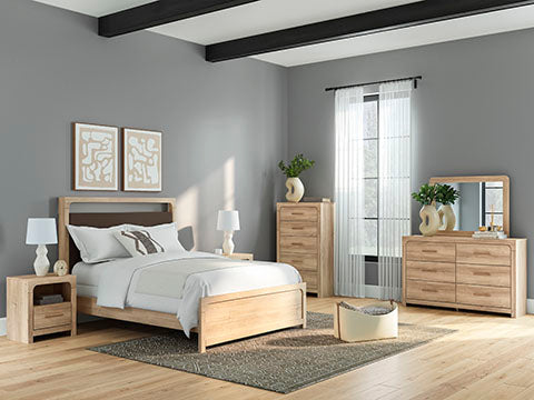 Hollymount Queen Upholstered Panel Bed, Dresser and Mirror
