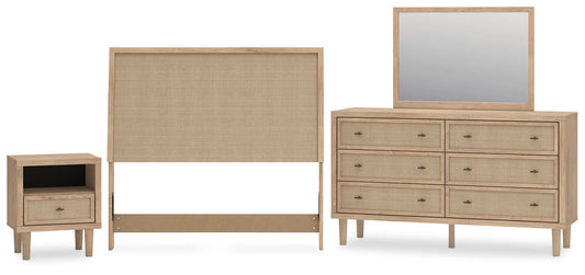 Cielden Full Upholstered Panel Bed with Mirrored Dresser and Nightstand