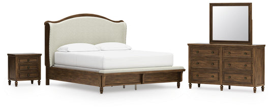 Sturlayne California King Upholstered Panel Bed, Dresser, Mirror and Nightstand