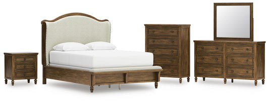 Sturlayne Queen Upholstered Panel Bed, Dresser, Mirror, Chest and Nightstand