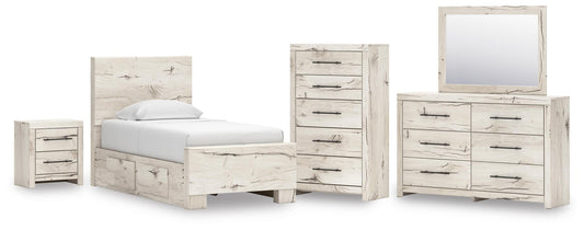 Lawroy Twin Panel Bed with Storage, Dresser, Mirror, Chest and Nightstand