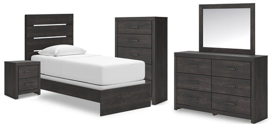 Delmorta Twin Panel Bed, Dresser, Mirror, Chest and Nightstand