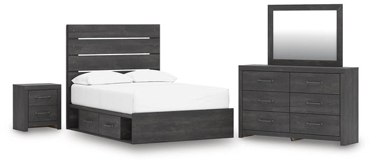 Delmorta Full Panel Storage Bed, Dresser, Mirror and Nightstand