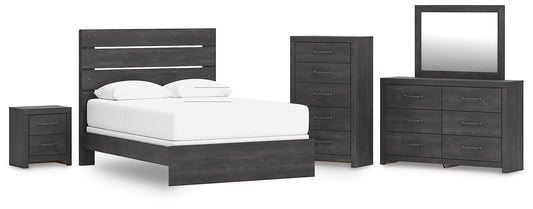 Delmorta Queen Panel Bed, Dresser, Mirror, Chest and Nightstand