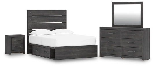 Delmorta Full Panel Bed with Storage, Dresser, Mirror and Nightstand