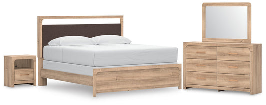 Hollymount King Upholstered Panel Bed, Dresser, Mirror and Nightstand