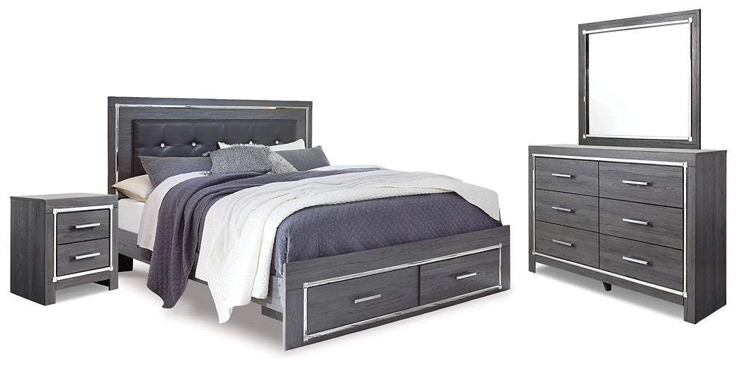 Lodanna King Panel Bed with 2 Storage Drawers with Mirrored Dresser and Nightstand