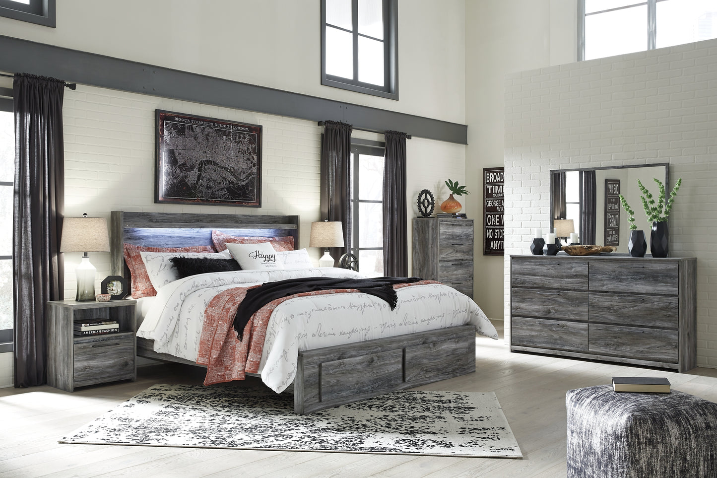 Baystorm Queen Panel Bed with 4 Storage Drawers with Dresser