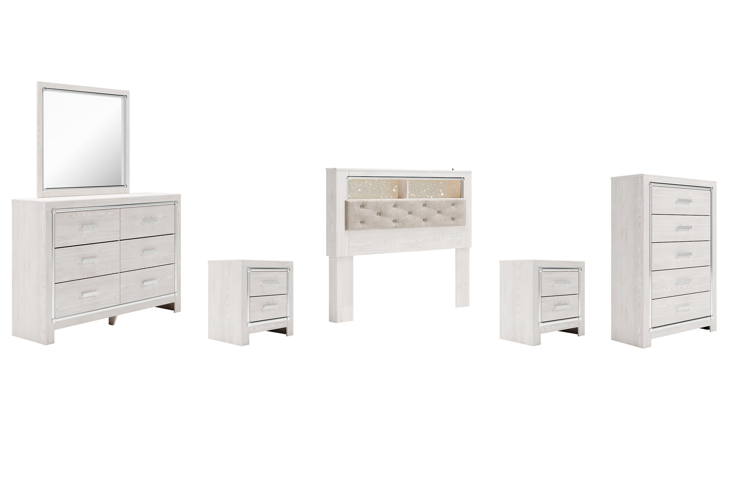 Altyra Queen Bookcase Headboard with Mirrored Dresser, Chest and 2 Nightstands