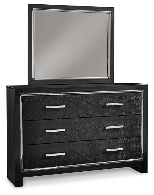 Kaydell Queen Upholstered Panel Headboard with Mirrored Dresser and 2 Nightstands