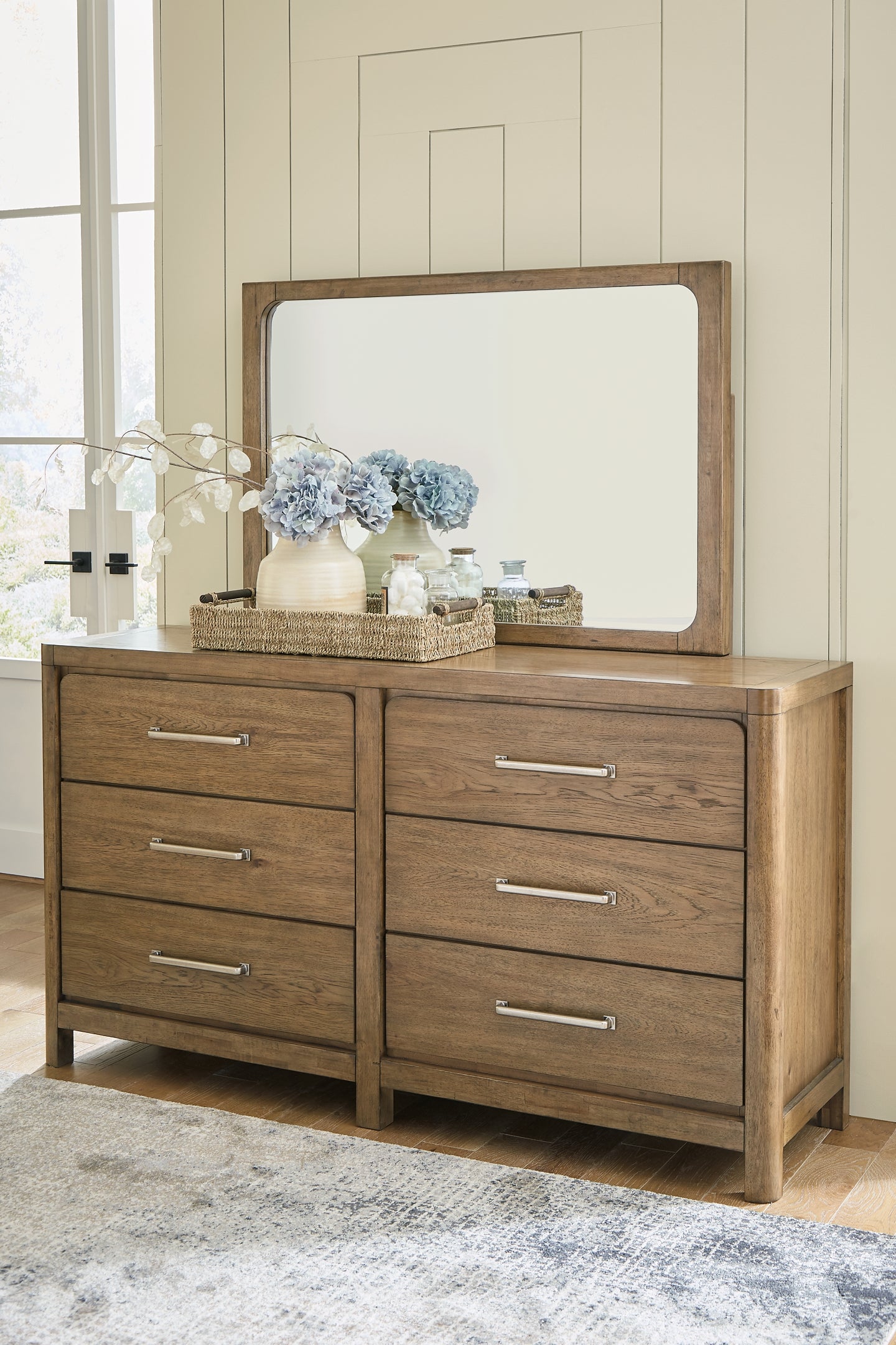 Cabalynn California King Panel Bed with Storage with Mirrored Dresser, Chest and Nightstand