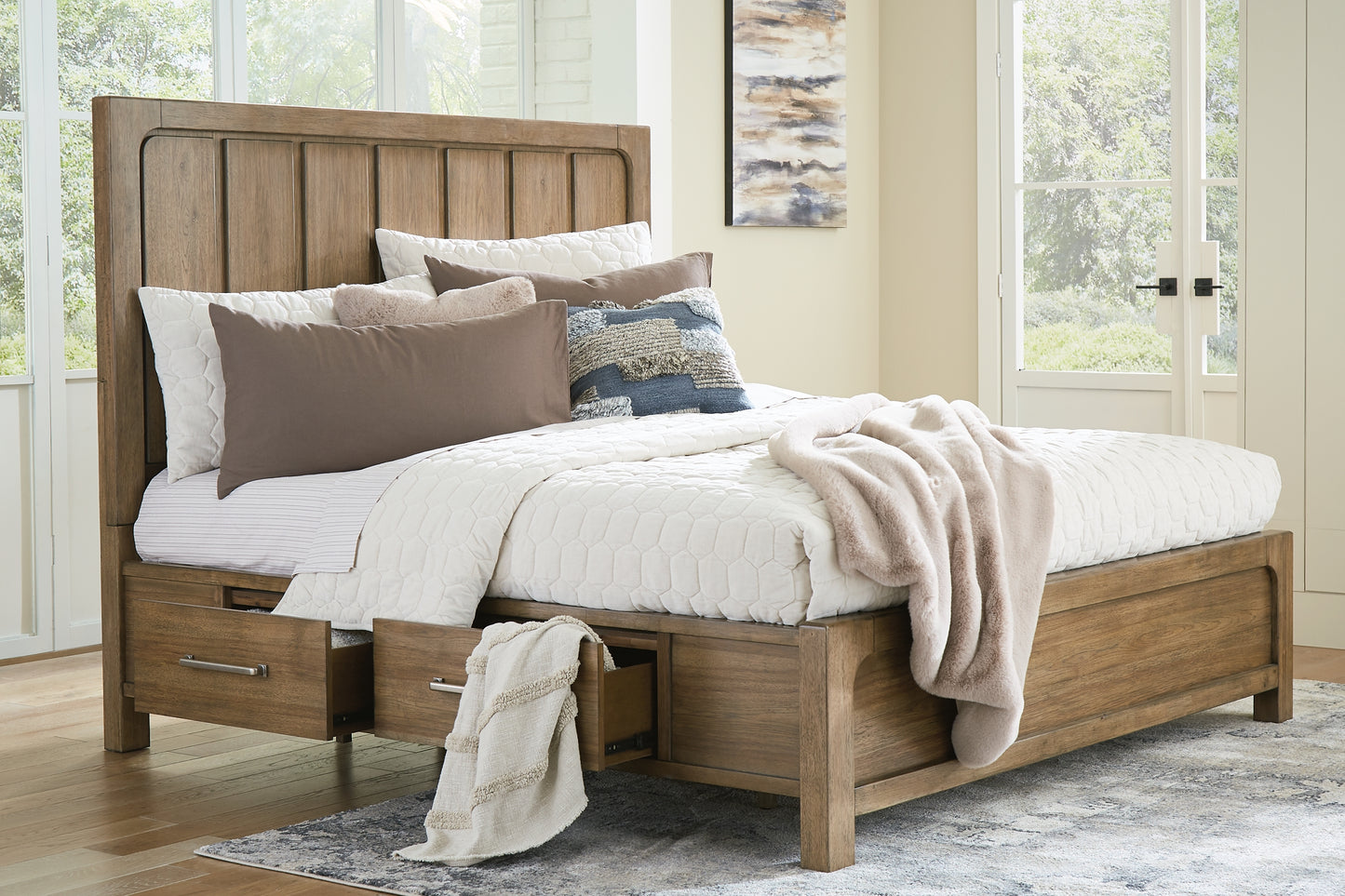 Cabalynn California King Panel Bed with Storage with Mirrored Dresser, Chest and 2 Nightstands