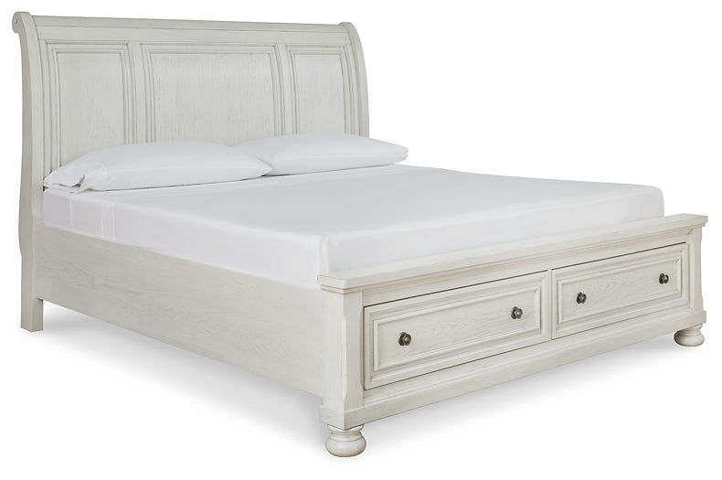 Robbinsdale King Sleigh Bed with Storage with Mirrored Dresser, Chest and Nightstand