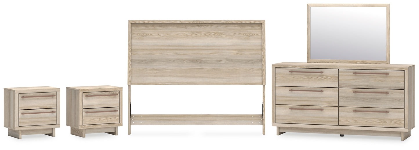 Hasbrick Queen Panel Headboard with Mirrored Dresser and 2 Nightstands