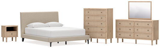 Cielden Queen Upholstered Bed with Roll Slats, Dresser, Mirror, Chest and Nightstand