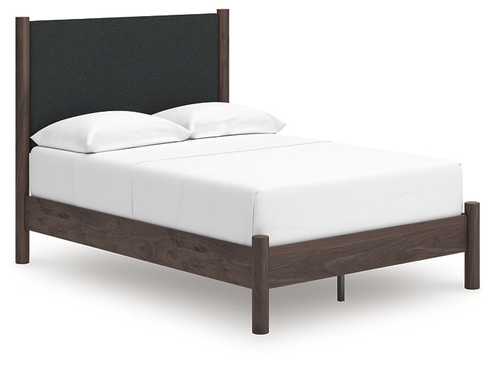 Pamytta Full Upholstered Panel Platform Bed, Dresser and Mirror