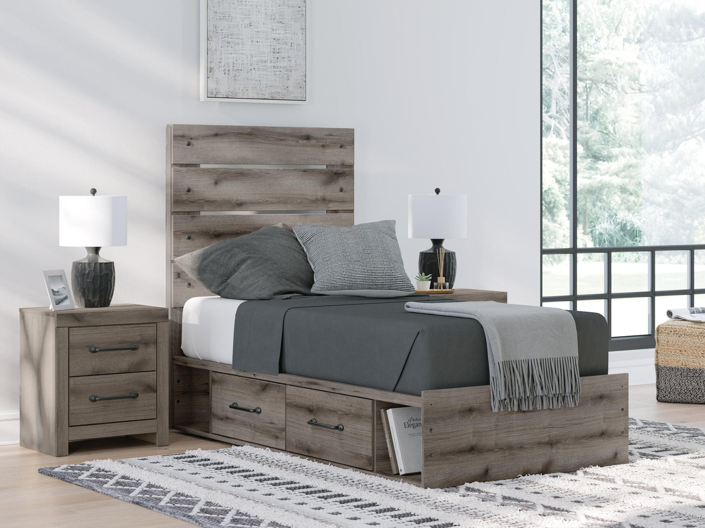 Urbanoore Twin Panel Bed with Storage, Dresser and Mirror