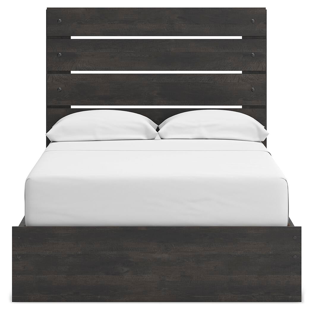 Delmorta Full Panel Bed with Storage, Dresser, Mirror and Nightstand