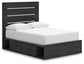 Delmorta Full Panel Bed with Storage, Dresser, Mirror and Nightstand