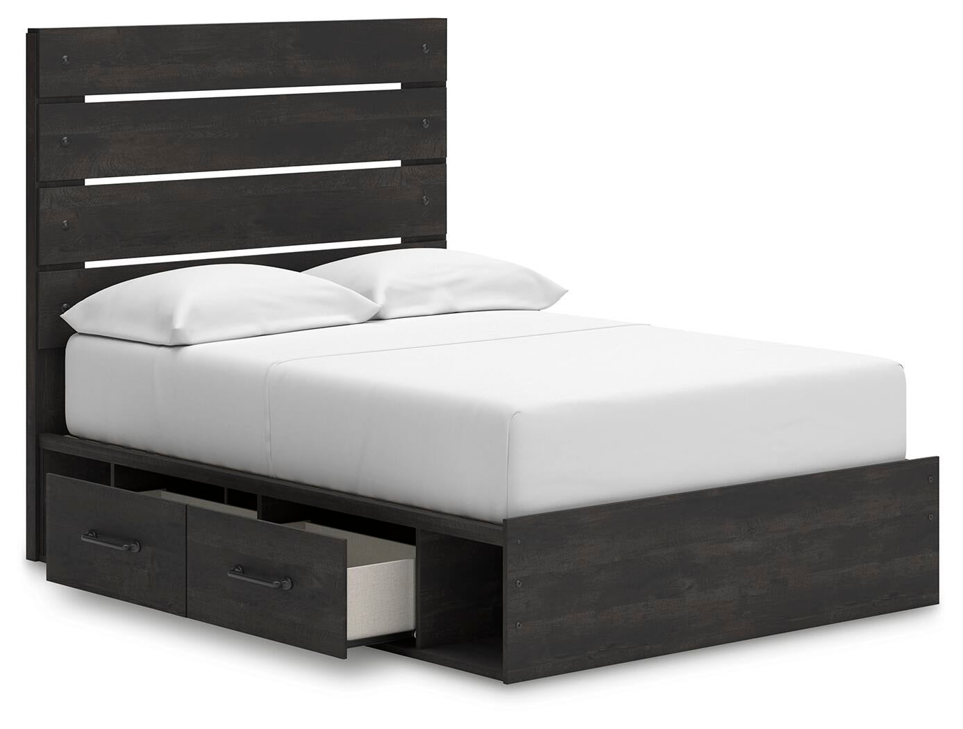 Delmorta Full Panel Bed with Storage, Dresser, Mirror and Nightstand