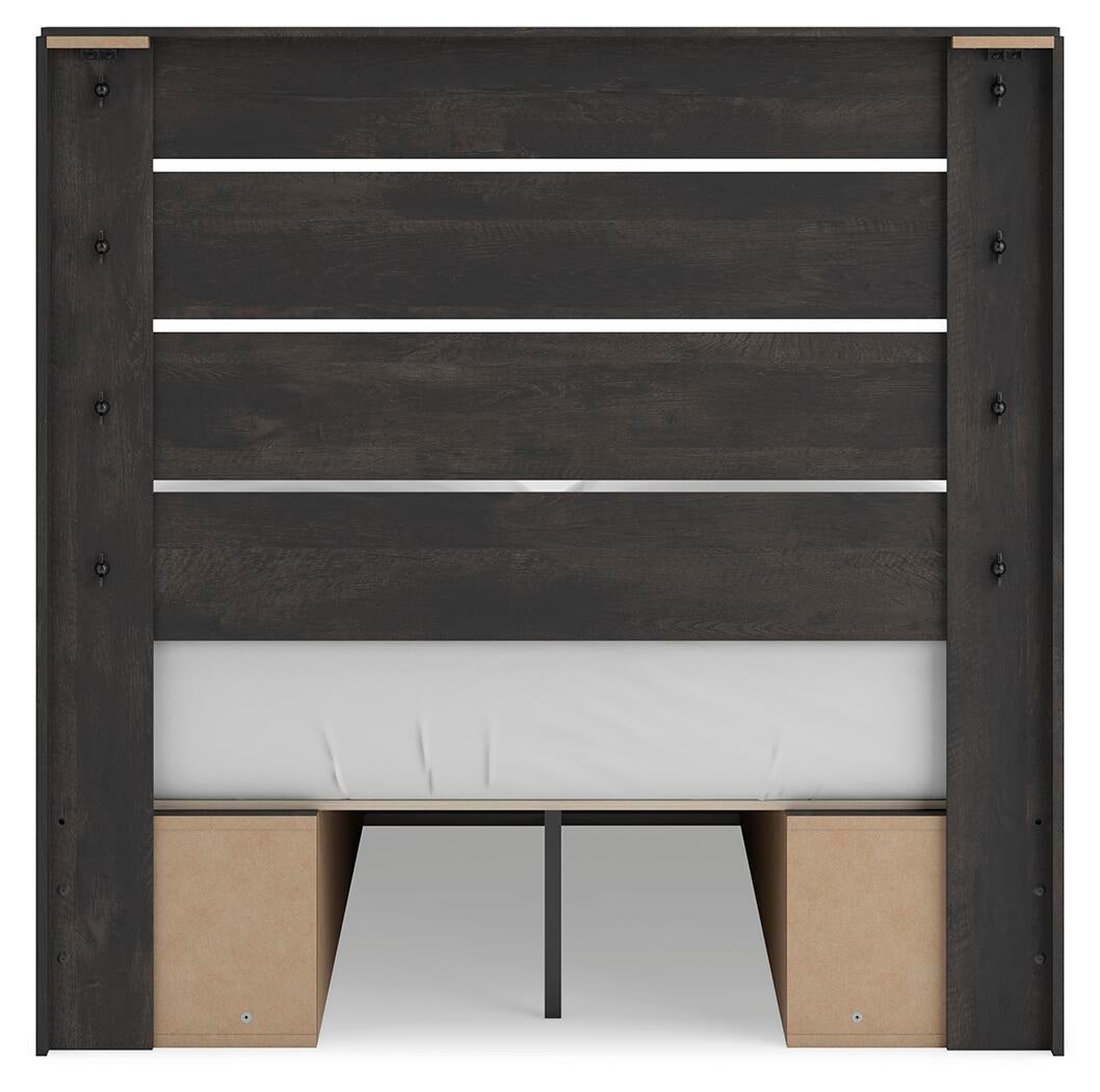 Delmorta Full Panel Bed with Storage, Dresser and Mirror