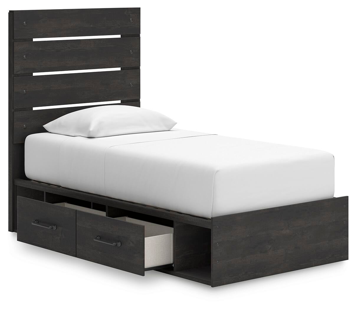 Delmorta Twin Panel Bed with Storage, Dresser and Mirror