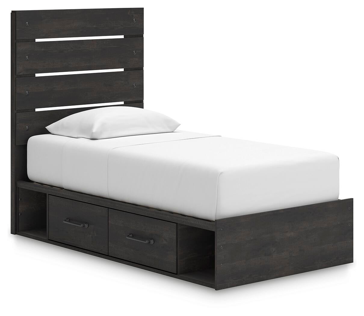 Delmorta Twin Panel Bed with Storage, Dresser and Mirror