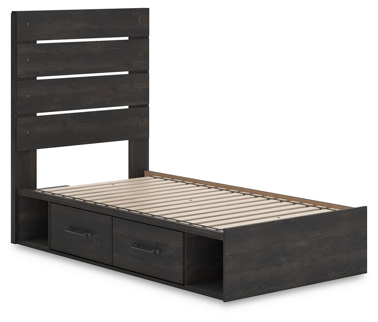 Delmorta Twin Panel Bed with Storage, Dresser and Mirror