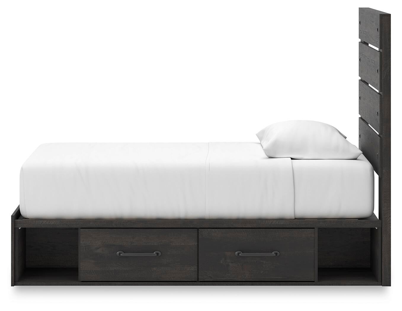 Delmorta Twin Panel Bed with Storage, Dresser and Mirror