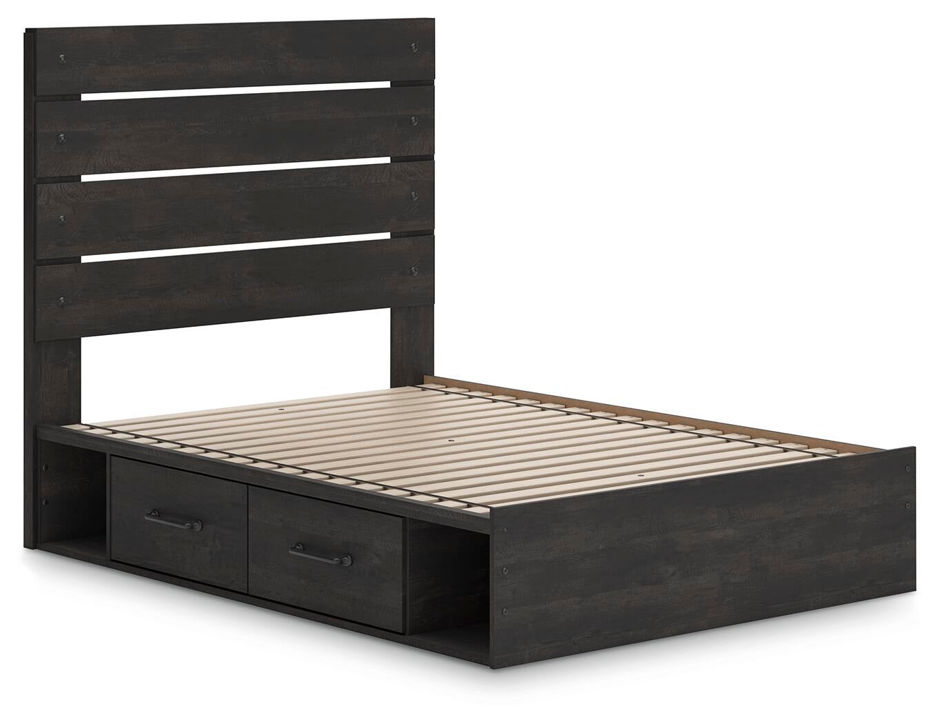 Delmorta Full Panel Bed with Storage, Dresser, Mirror, Chest and Nightstand