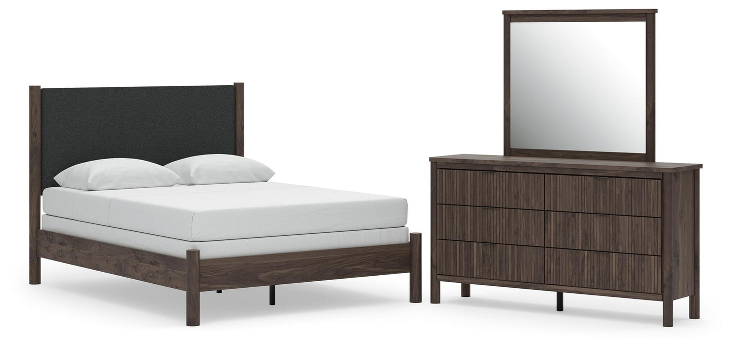 Cadmori Queen Upholstered Panel Bed, Dresser and Mirror